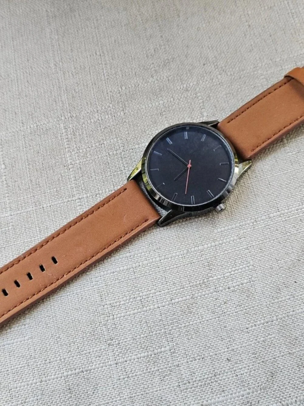 Fashion Men Wristwatch Brown Faux Leather Vegan Strap Quartz Black Face Watch
